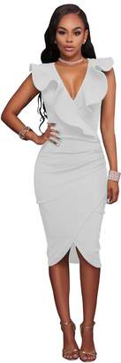 VERTTEE V Neck Long Sleeve Ruffle Plain Bodycon Midi Tight Wrap Women's Party Dress Woman Dress White XXL