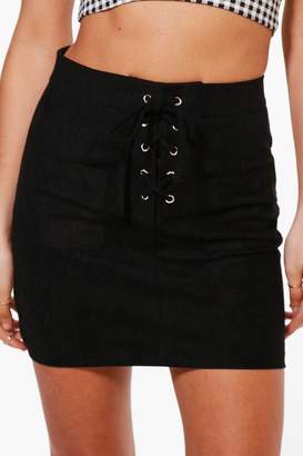 boohoo Petite Lucy Lace Up Front Suedette Mini Skirt