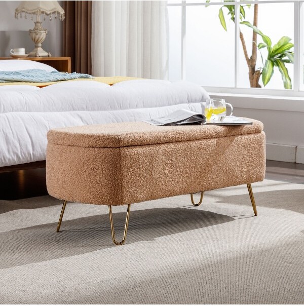 ORRDFauxFurStorageOttomanBenchwithGoldLegsPaddedEndofBedBenchforBedroom&EntrywayCamel