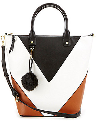 Gianni Bini V Color Block Tote with Faux-Fur Pom Keychain