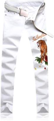 jeansian Men's Printed Wash Denim Long Straight Skinny Pants Jeans MJB116 White