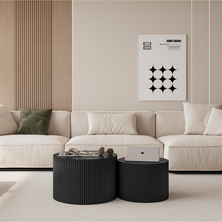 Streamdale Furniture Wave Stripe Nesting Coffee Table Set For Living Room Bedroom Black(Set Of 2 Pieces)