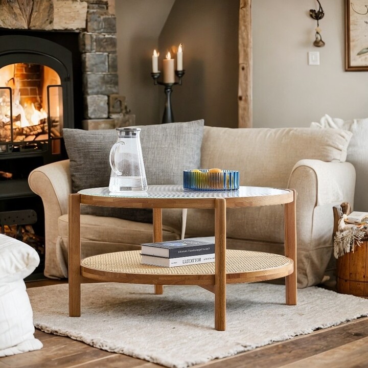 IGEMAN Classic Circular DoubleLayer Coffee Table, Craft Glass Tabletop