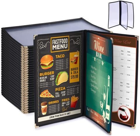 Yescom USA, Inc. 30pc 8.5x14 Menu Cover Trifold 6 View 3 Page Restaurant Cafe Book Clear Black