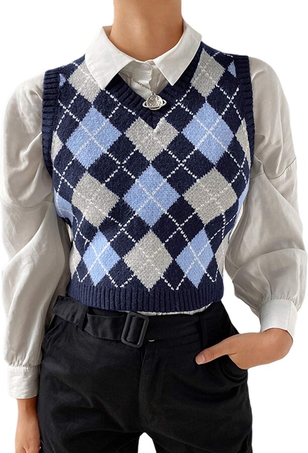 N/AA Woman Girl Literary College Style Diamond Lattice Knit Vest ...