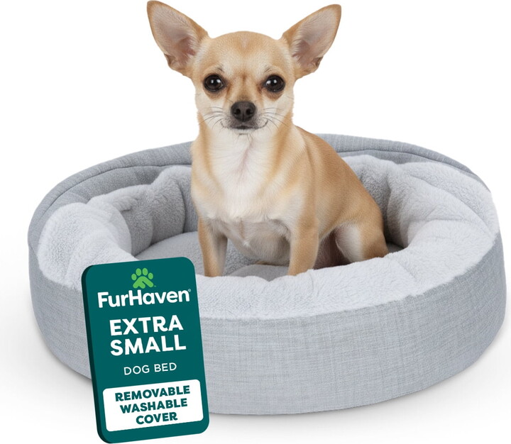 FurHaven Plush & Performance Linen Hooded Donut Pet Bed for Dogs & Cats - Mist Gray, Extra Small - 20"