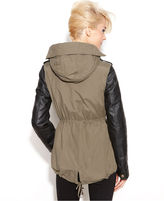 Thumbnail for your product : Steve Madden Mixed-Media Faux-Leather-Sleeve Hooded Anorak Coat