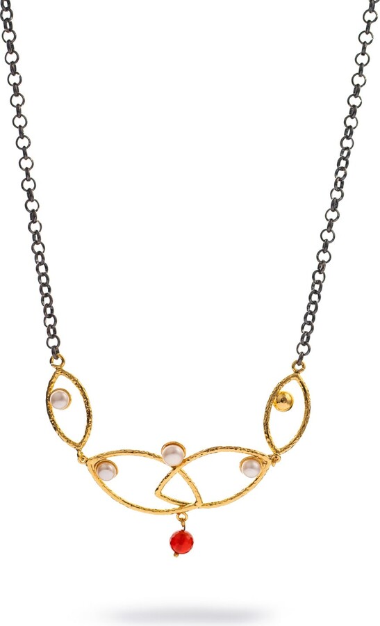 Ebru Jewelry Red / Silver / Gold Goddess Balance Pearl & Ruby Red Necklace - Silver