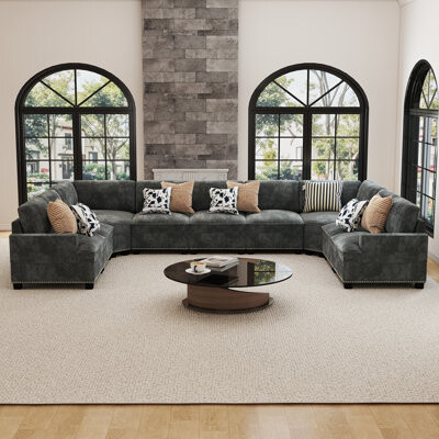 Latitude Run Spacious 9-Piece U-Shaped Corduroy Nailhead-Trimmed Sectional Sofa