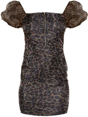 PrettyLittleThing Brown Leopard Print Organza Sleeve Zip Through Bodycon Dress