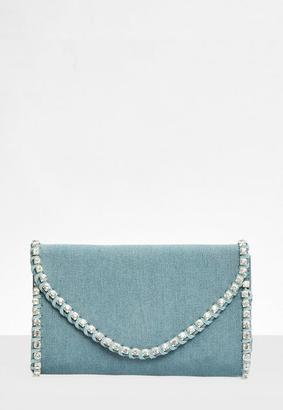 Missguided Blue Denim Diamante Clutch Bag, Blue
