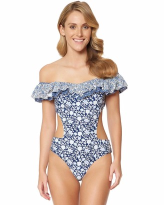 Jessica Simpson Women's Patched Up Ditsy Floral Cut-Out Ruffle Off The Shoulder One Piece Swimsuit