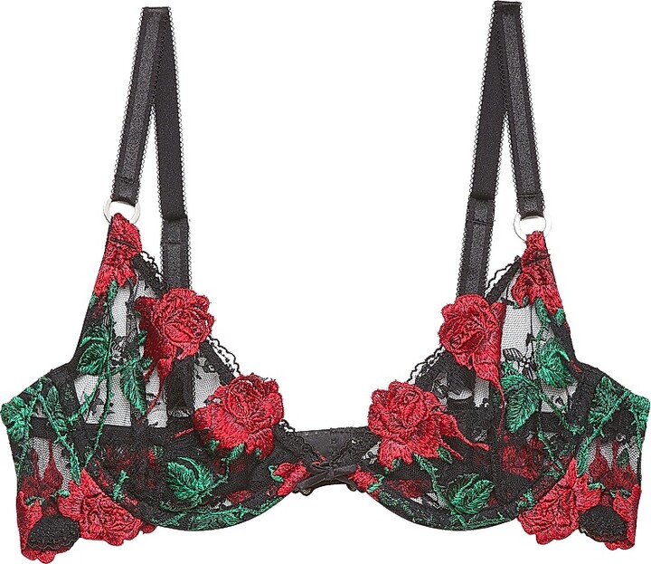 Women's Bleeding Rose Embroidered Stretch-Silk Demi Bra - Black - Size 32C