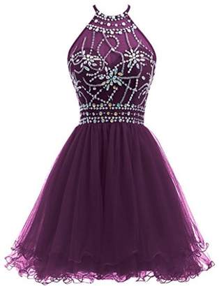 FWVR Halter Beaded Short Homecoming Dresses for Juniors 2018 Tulle Prom Party Gowns