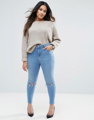 ASOS Curve CURVE High Waist Ridley Skinny Jeans in Mid Wash with Rips