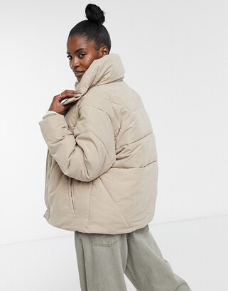 Collusion Unisex double layered peach skin puffer jacket in mocha -  ShopStyle Plus Size Outerwear
