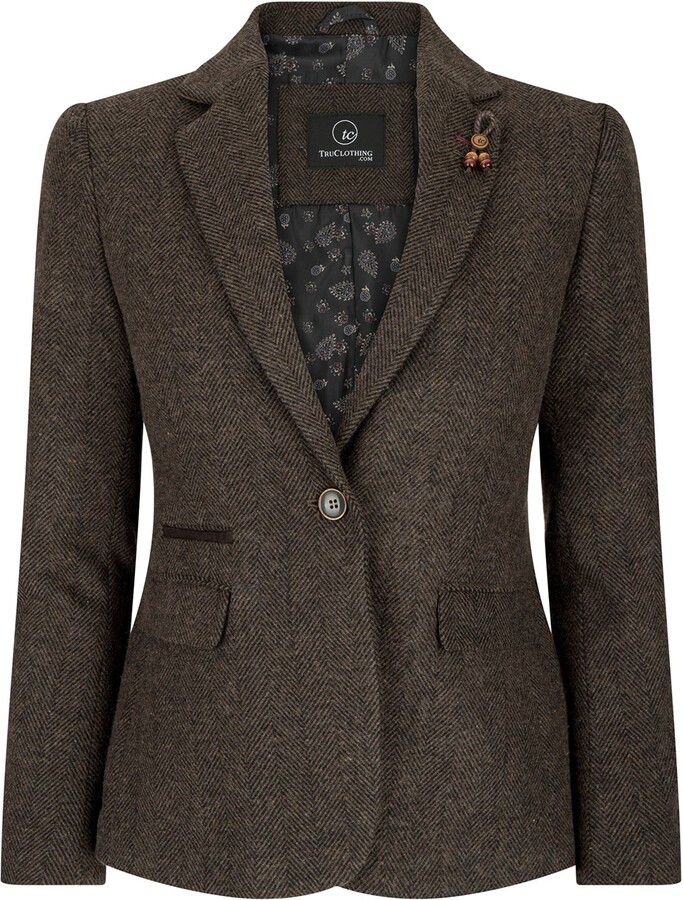Women Blazer Tweed Herringbone Wool Classic Smart