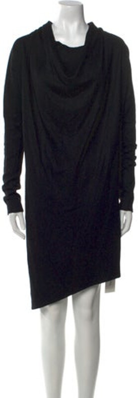 Helmut Lang Wool Shift Dress Black Ruffle Embellishment Long Sleeve with Cowl Neck Designer