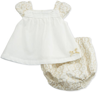 Tartine et Chocolat Pleated Shift Dress w/ Floral Jacquard & Bloomers, Cream, Size 3-18 Months