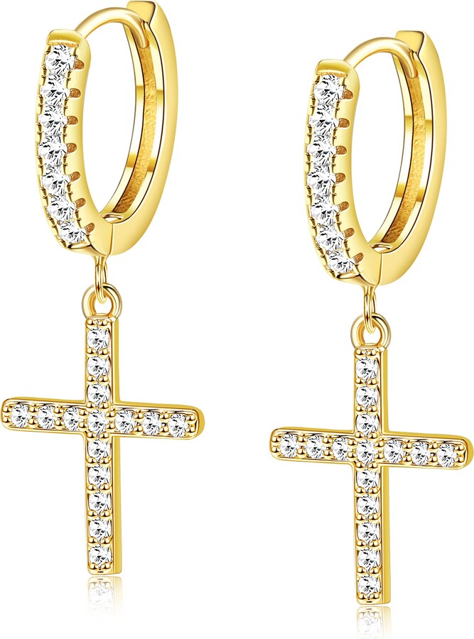 Milacolato 14K Gold Plated Tiny Sterling Silver Hoop Earrings Pave CZ Gold Cross Minimalist Chic Dangle Earrings for Women 
