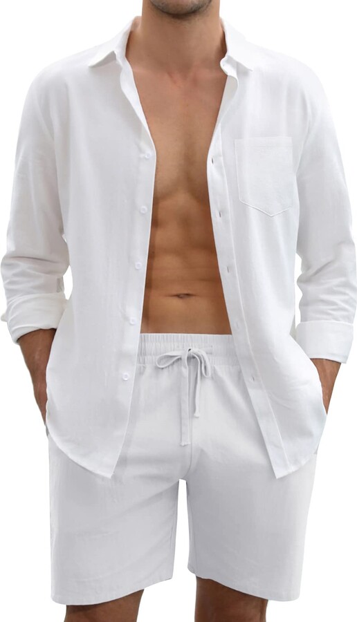 TURETRENDY Men's 2 Piece Linen Sets Outfits Casual Long Sleeve Button ...