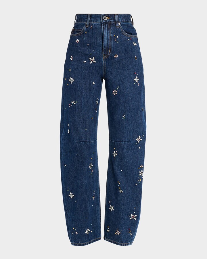 Self-Portrait Flower Embellished Barrel-Leg Jeans