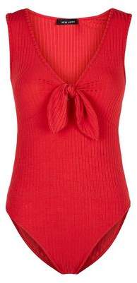 New Look Red Ribbed Tie Front Bodysuit