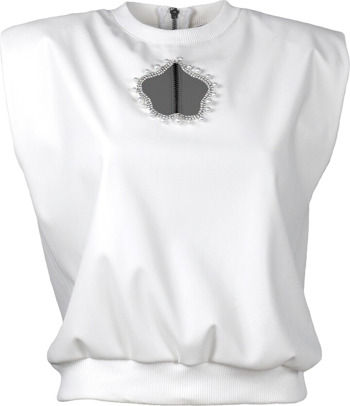 Lalipop Design White Ecru Vegan Leather Blouse With Laser-Cut Detailing