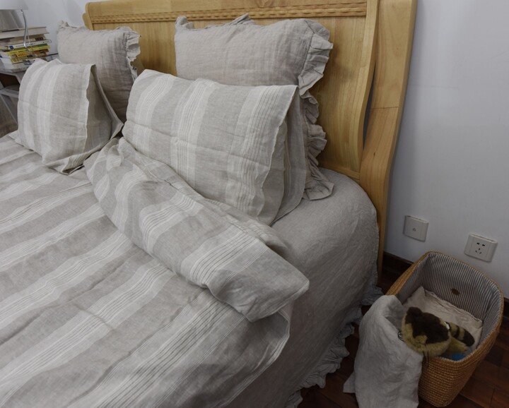 Etsy Set Of 4 Pre Stone Washed 100% Natural Linen Oatmeal & Cream Striped Bedding Duvet Cover Set+ 2 Pillowcases + Flat Sheet