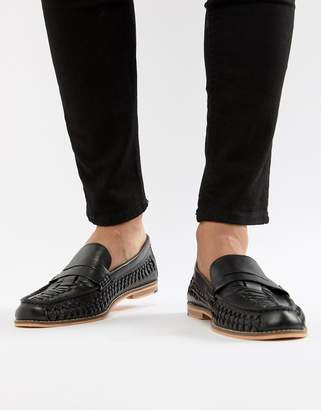 Frank Wright Woven Loafers In Black Leather