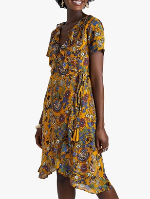 Yumi Abstract Floral Wrap Dress, Mustard