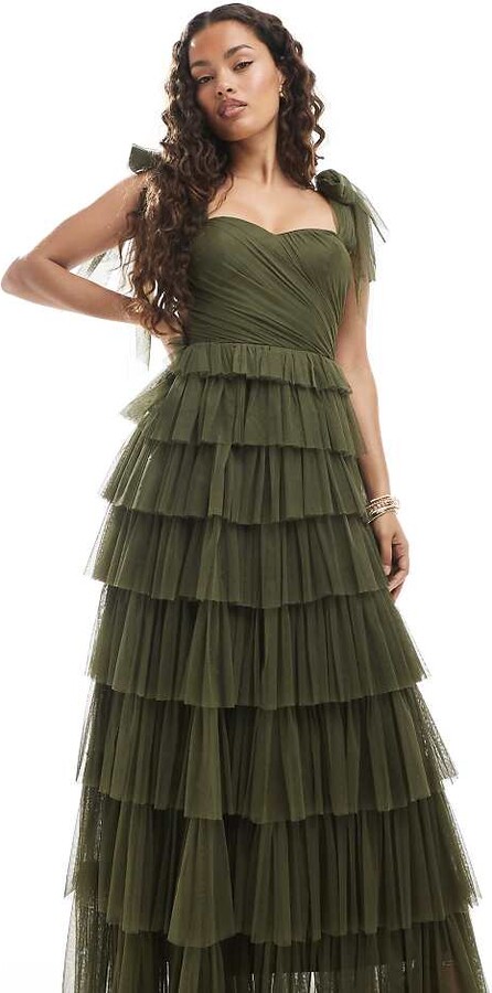 Lace & Beads Petite Bridesmaid bow shoulders tulle maxi dress in deep olive