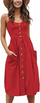 Angashion Women’s Dresses-Summer Floral Bohemian Adjustable Spaghetti Strap Button Down Swing Midi Dress with Pockets – Red