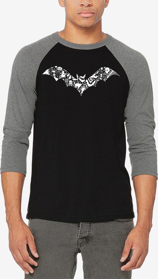 La Pop Art Men's Halloween Bat Raglan Baseball Word Art T-Shirt - Grey/Black
