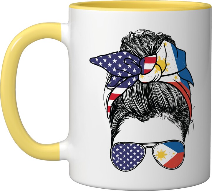 Filipina American Flag Filipino Roots USA Citizen Filipina Women Girl USA Heritage American Philippines Flag Ceramic Mug, Yellow/White