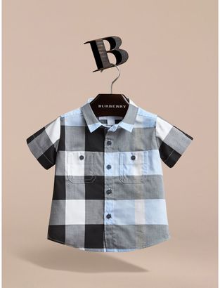 Burberry Short-sleeve Check Cotton Shirt , Size: 6M, Blue