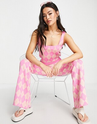 Qed London square neck knitted top co-ord in pink argyle