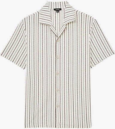 Reiss Mens Green Brown Multi Percy Cuban-Collar Stretch Cotton-Blend Shirt Xxl
