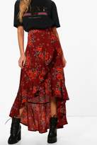 Thumbnail for your product : boohoo Woven Floral Frill And Wrap Midi Skirt