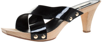 Saint Laurent Black Patent Leather Studded Cross Strap Platform Sandals Size 40