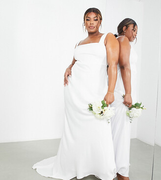 ASOS Curve ASOS DESIGN Curve Layne satin square neck wedding dress with train in ivory