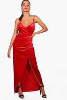 Thumbnail for your product : boohoo Velvet Wrap Top Ruched Skirt Maxi Dress