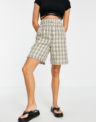 Collusion longline shorts in check with waist band detail