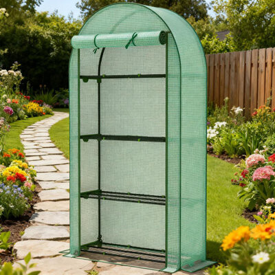 Moda Furnishings Small Portable Greenhouse, With Roll-Up Doors, Steel Shelves, UV Waterproof Cover