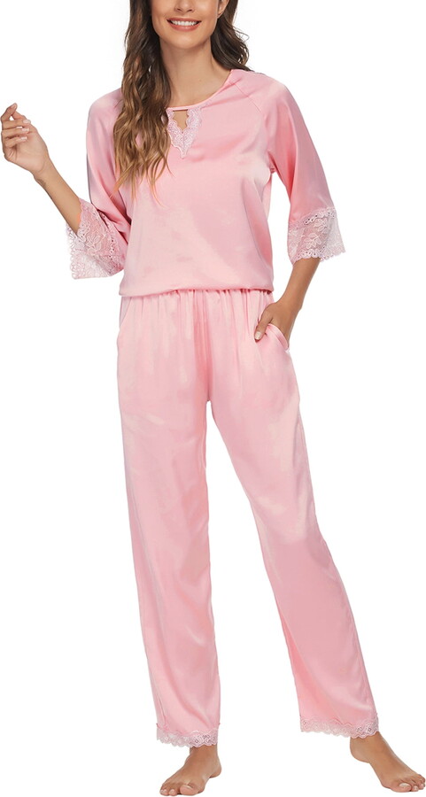 Unique Bargains Women’s Satin Lounge with Pants Nightwear Pajama Sleepwear Sets