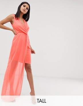 TFNC Tall Tall wrap front dress with asymmetric hem in coral