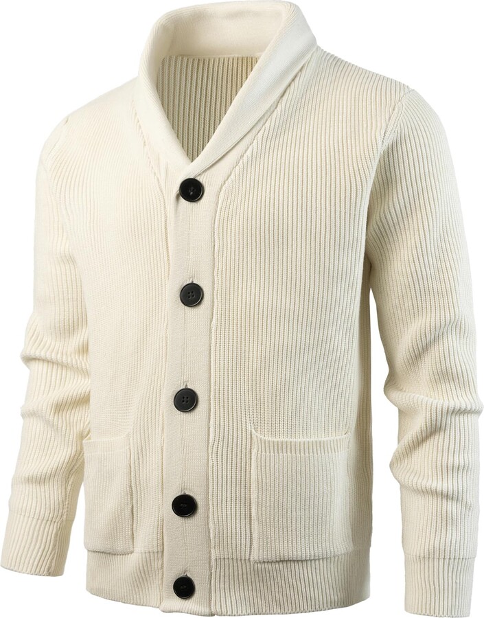 KTWOLEN Mens Shawl Collar Cardigan Long Sleeve Chunky Knit Sweater