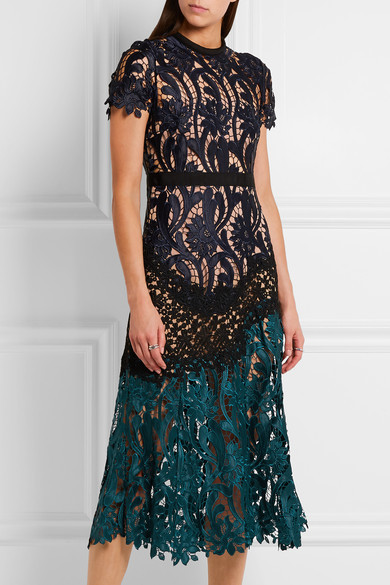 Self-Portrait Prairie Guipure Lace Midi Dress - Midnight blue - ShopStyle