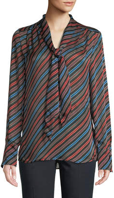 Escada Tie-Neck Long-Sleeve Striped Silk Blouse