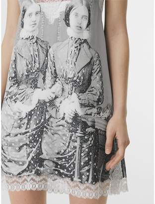 Burberry Lace Detail Victorian Portrait Print Silk Slip Dress